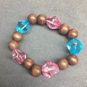 Wood Bead Stretch Bracelet Pink Blue Faceted Transluscent Retro BoHo Barbie
